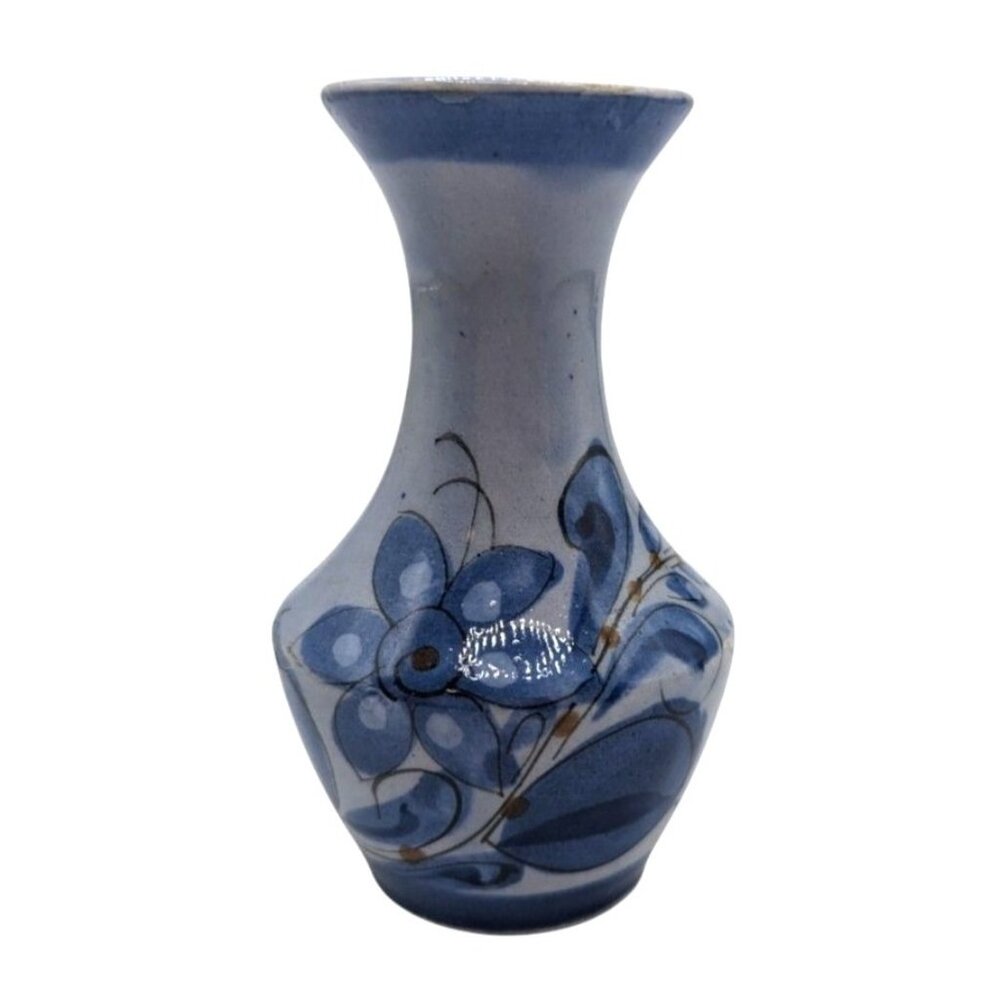 Hand-Painted Mexican Ceramic Vase With Floral & Bird Design Signed By Artist Blu
